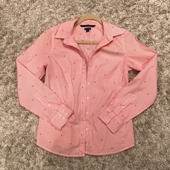 Tommy Hilfiger Tops - Tommy Hilfiger peach/white striped long sleeve blouse & collar&TH application,S,